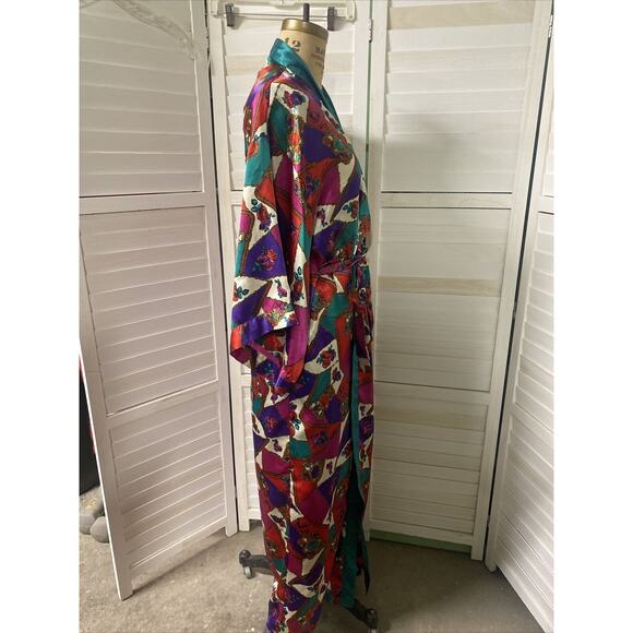 80s 90s Frederick's of Hollywood Satin Long Full Length Jewel Tone Robe Large - Picture 4 of 9